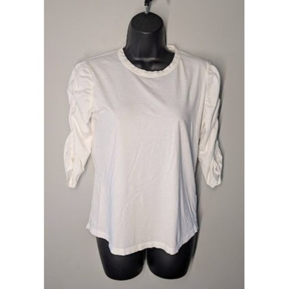 Veronica Beard Jeans Sz Small White Ruched 3/4 Sleeve Pima Cotton T-Shirt Top